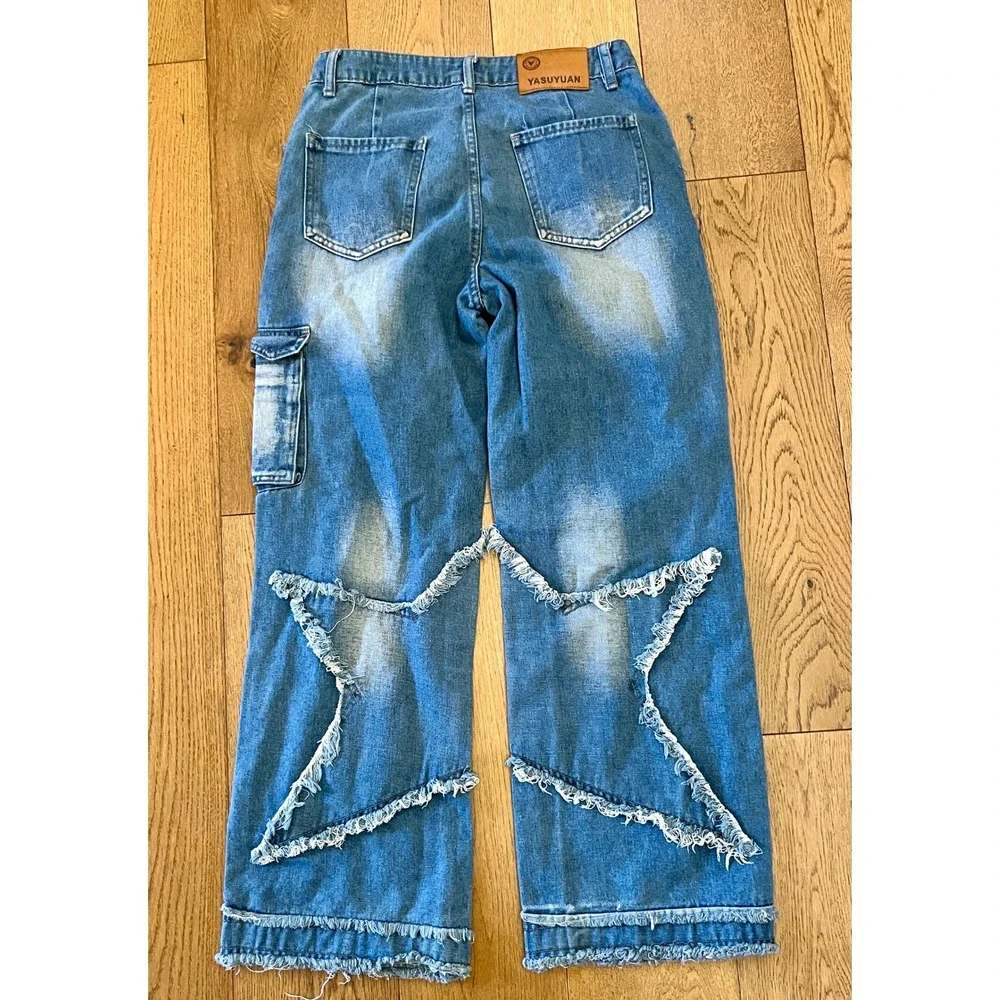 YASUYUAN Men's Blue Wide-Leg Denim Jeans Distressed Fringe Cotton Polyester 30 - Picture 12 of 15